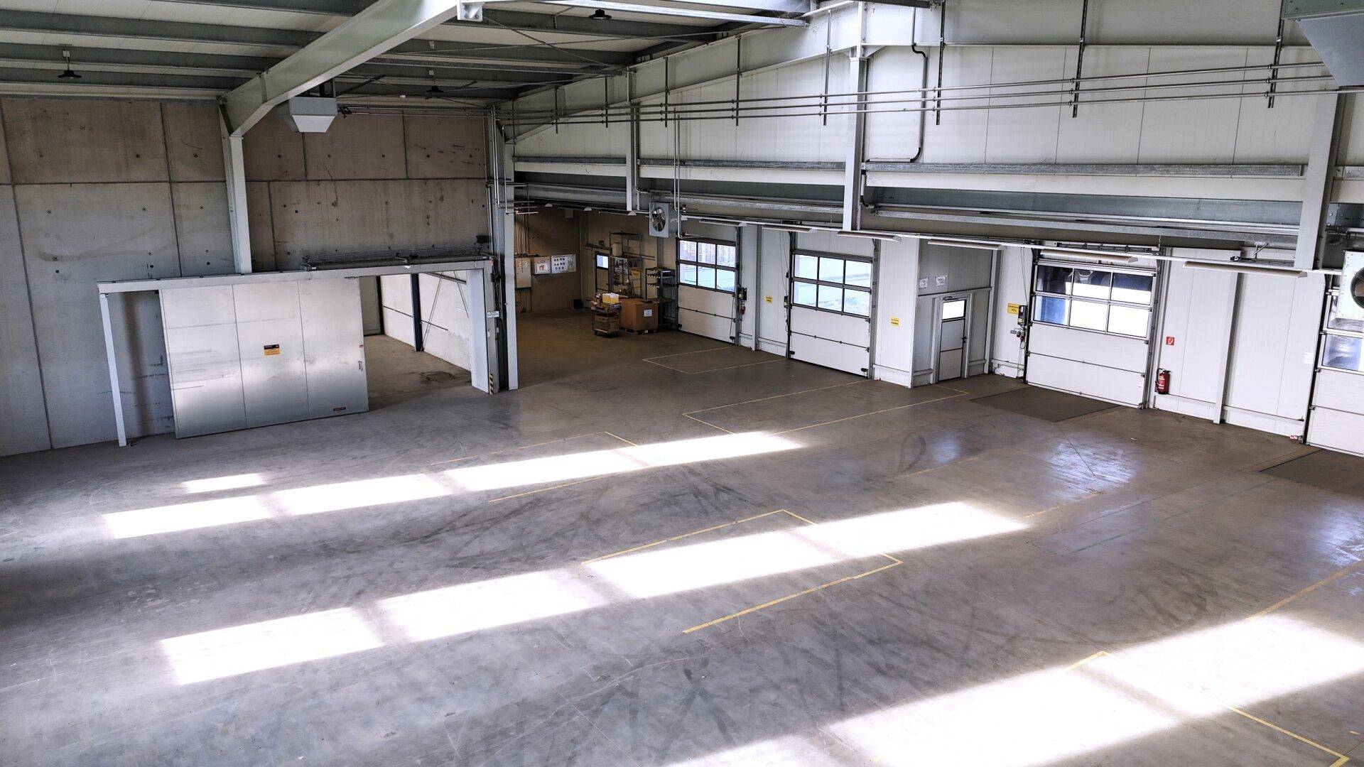 Große Lagerhalle mit mehreren Rolltoren und Betonboden, ideal für Logistik und Lagerung von Gütern.