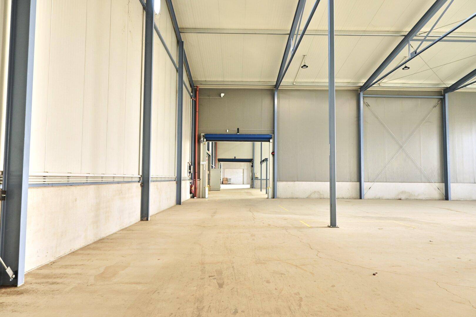 Lange Lagerhalle mit hohen Decken, Metallträgern und Betonboden, bereit für industrielle Nutzung.