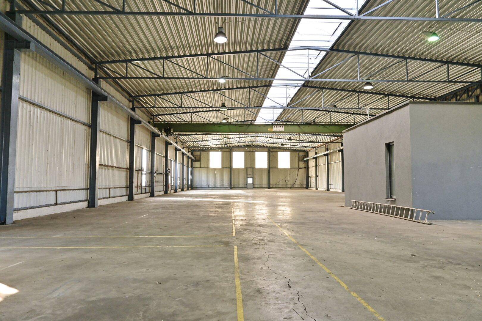Große, helle Lagerhalle mit Oberlichtern, Betonboden und hohen Decken, ideal für Lagerung.