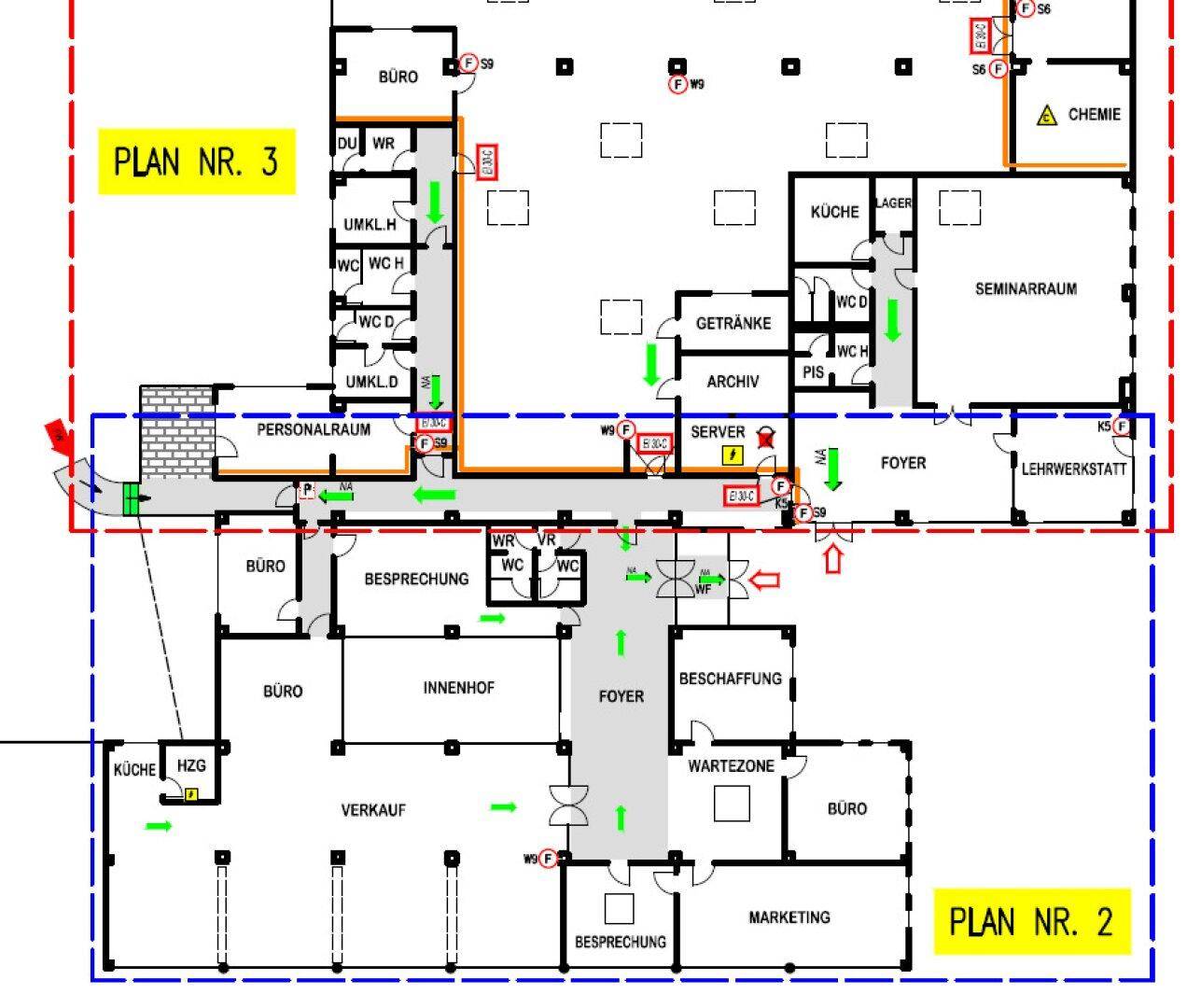 Detaillierter Grundriss des Erdgeschosses mit Büros, Lagern, Seminarräumen und Sanitäranlagen.