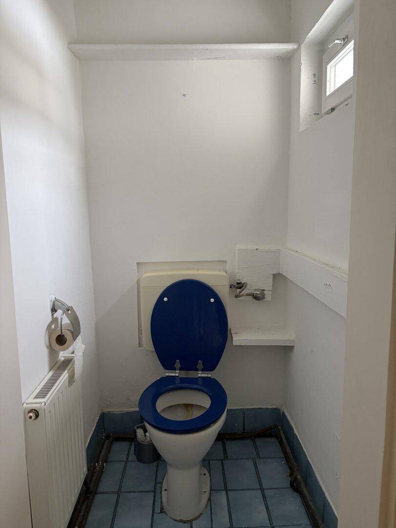 Kleines WC mit Toilette, Heizkörper und einem kleinen Fenster, gefliest mit blauen Bodenfliesen.