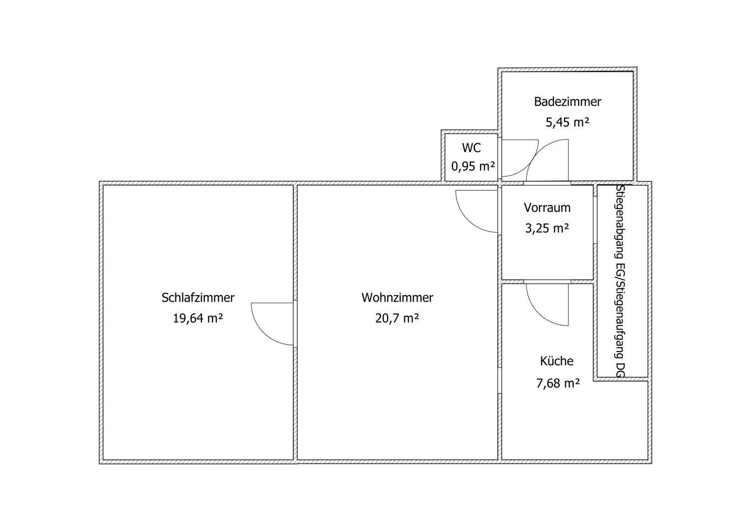 Grundrissplan einer Etage mit Schlafzimmer, Wohnzimmer, Küche, Bad und separatem WC.