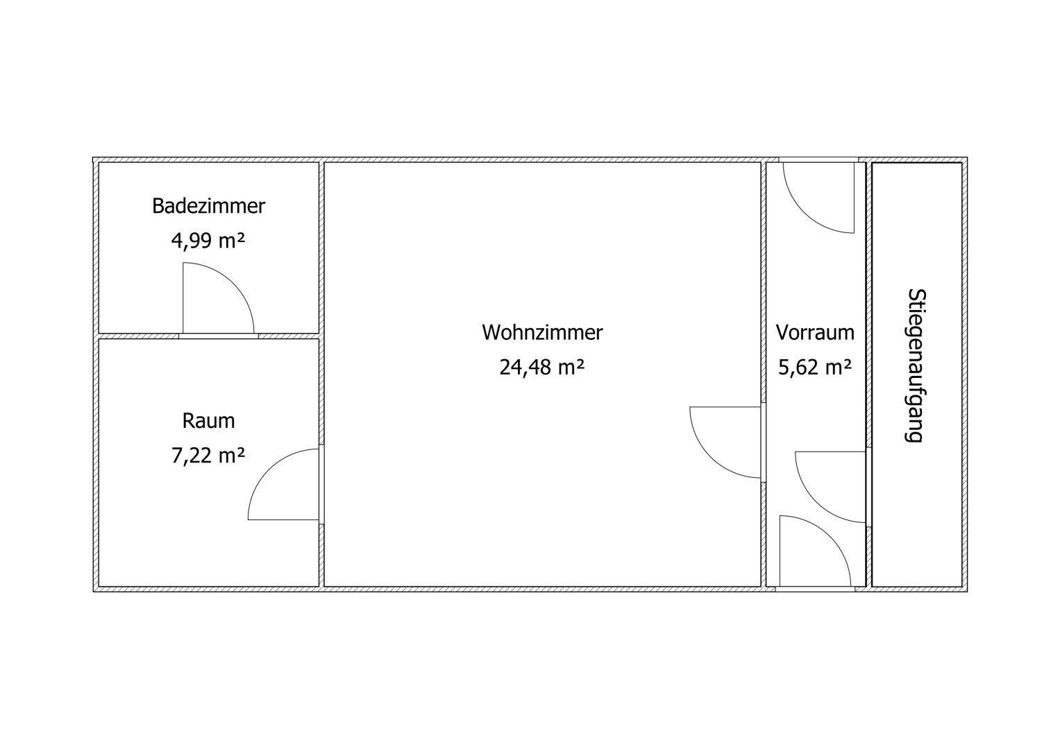 Grundrissplan einer Etage mit einem Raum, Wohnzimmer, Bad und Vorraum.