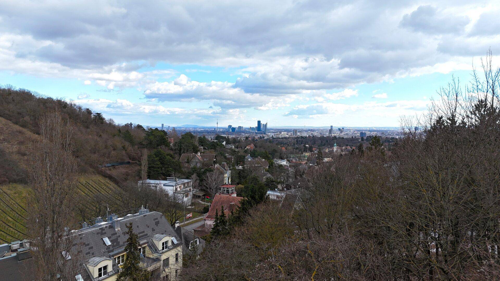 Weitblick über die Stadt und die umliegende Hügellandschaft unter bewölktem Himmel.