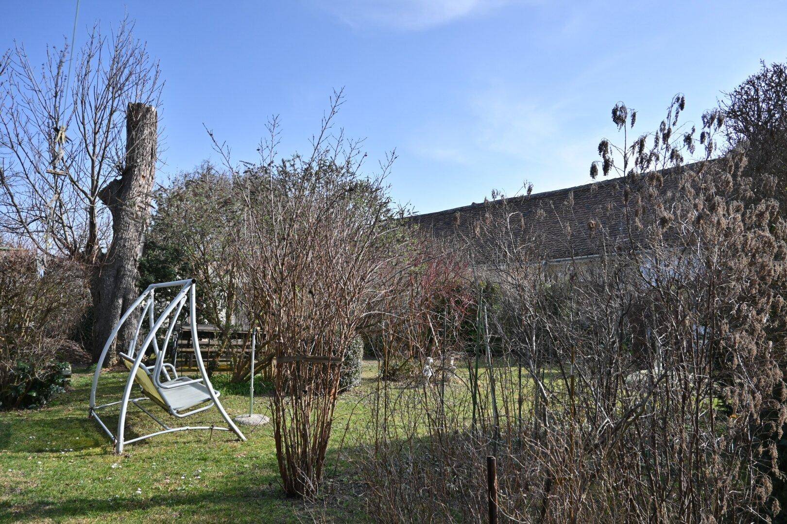 Großer Gartenbereich mit Schaukel, Bäumen und Sträuchern unter blauem Himmel.