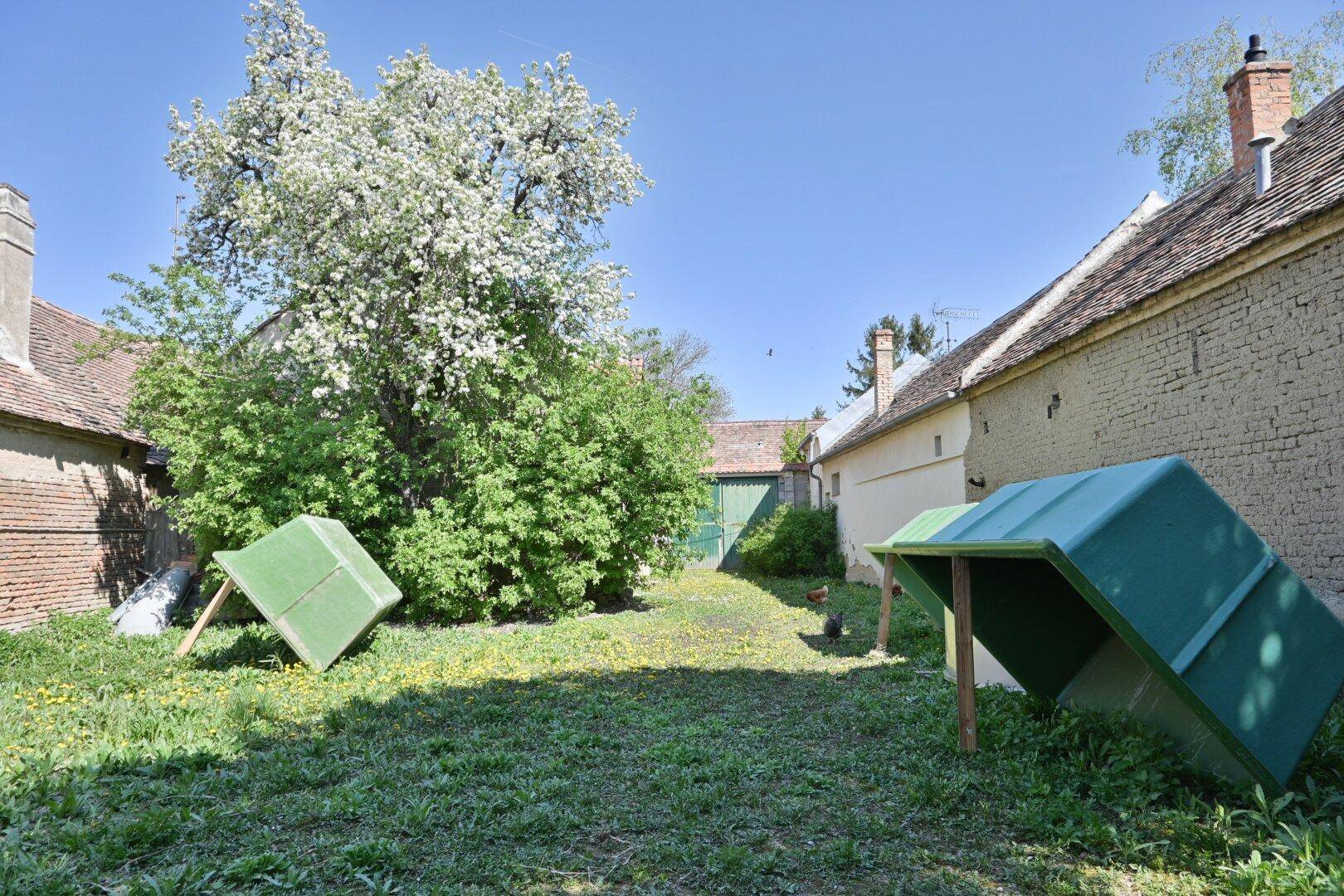 Grüner Gartenbereich mit blühendem Baum, Rasenfläche und zwei grünen Abdeckungen.