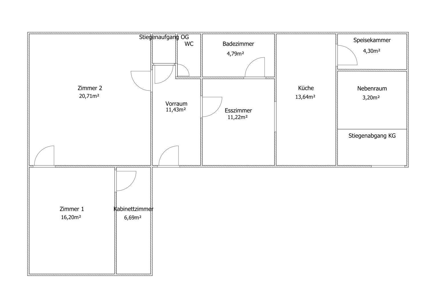 Grundrissplan mit mehreren Zimmern, Badezimmer, separatem WC, Küche und Esszimmer sowie Zugang zum Keller.
