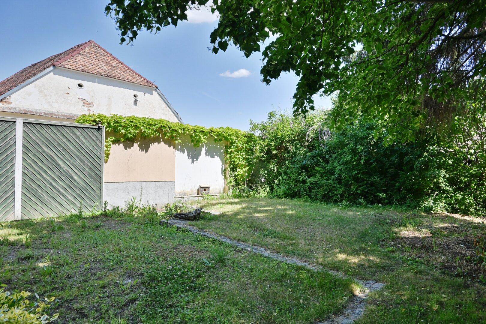 Grüner Gartenbereich neben dem Haus mit Rasenfläche und üppiger Vegetation.