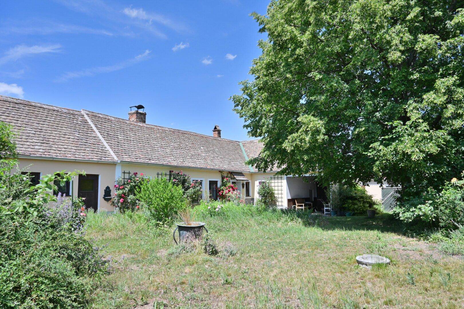 Weitläufiger Garten hinter dem Landhaus mit altem Baumbestand und viel Grünfläche.