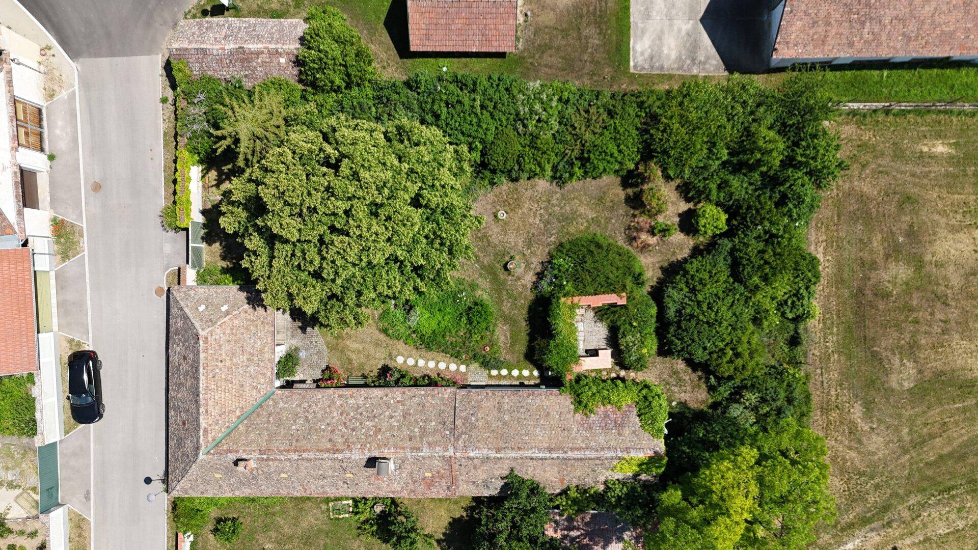 Luftaufnahme des Anwesens mit großem Garten und umgebender Hecke.