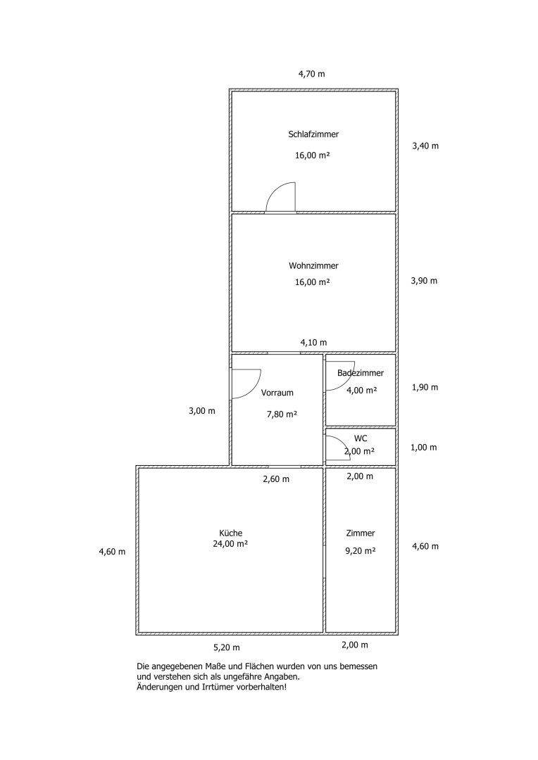 Grundrissplan mit Schlafzimmer, Wohnzimmer, Küche und Bad auf einer Ebene.