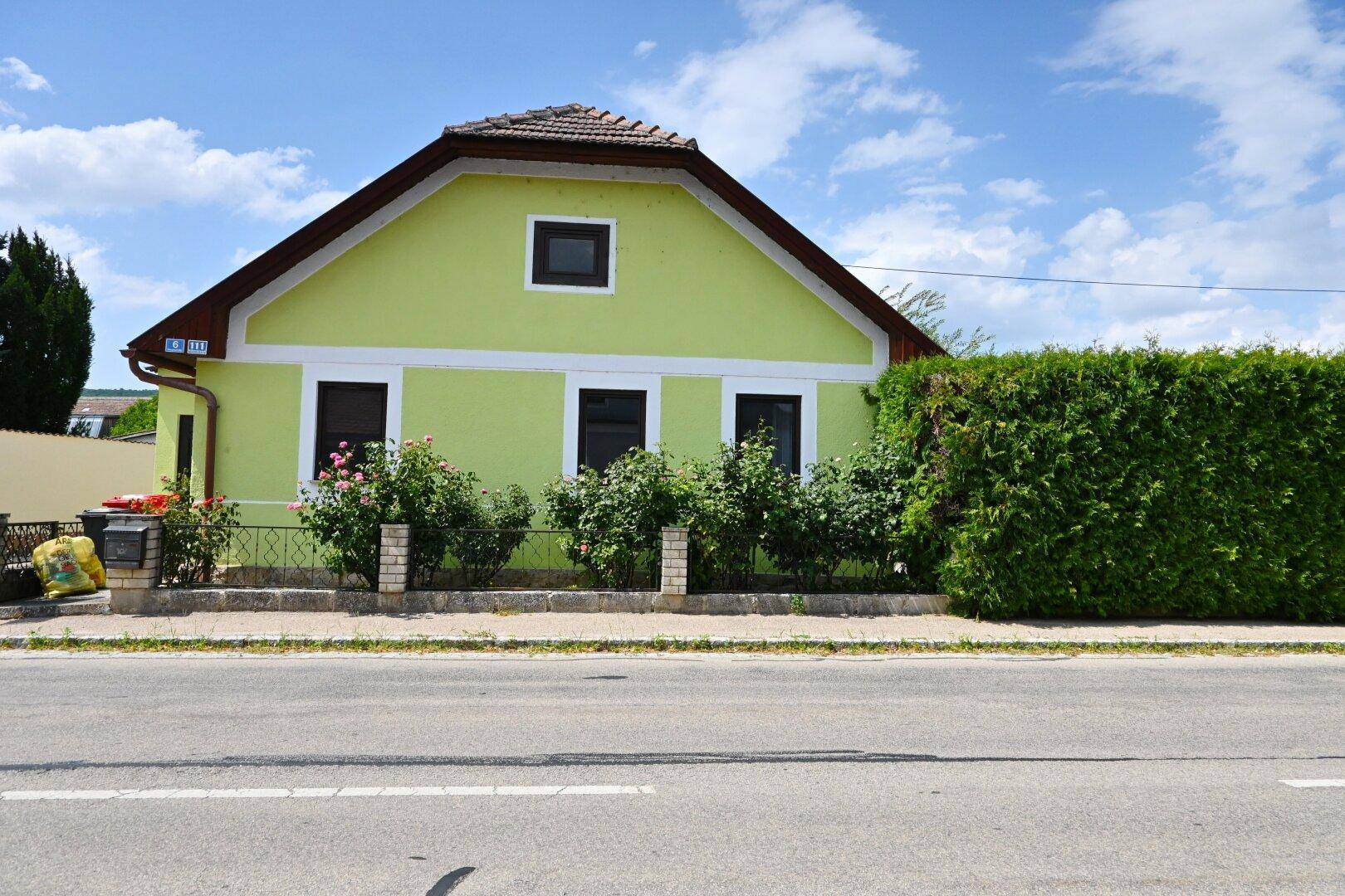 Grünes Einfamilienhaus von der Straße aus gesehen, umgeben von einer hohen Hecke.