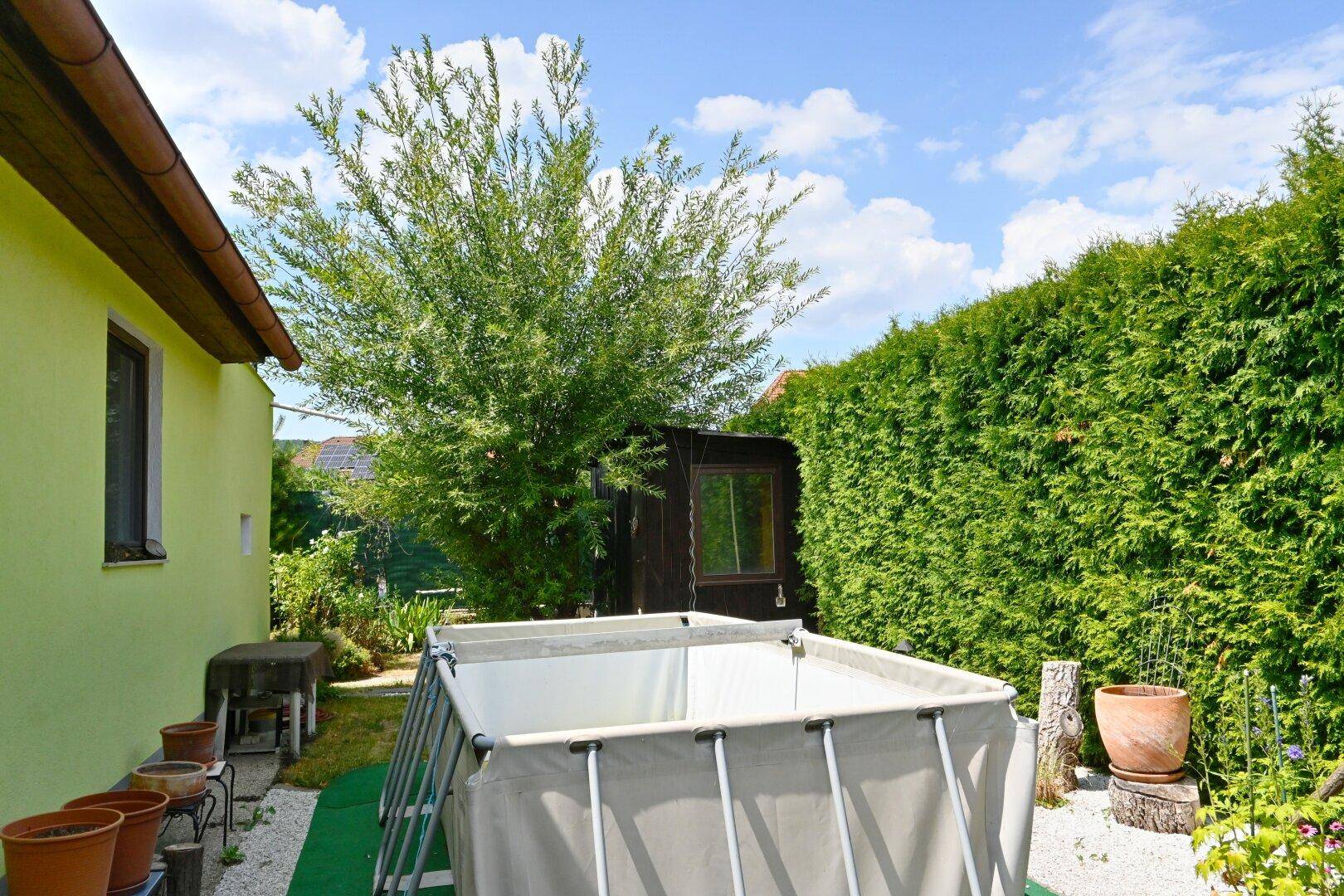 Gartenbereich mit Aufstellpool, Gartenhaus und hoher Hecke für Privatsphäre.