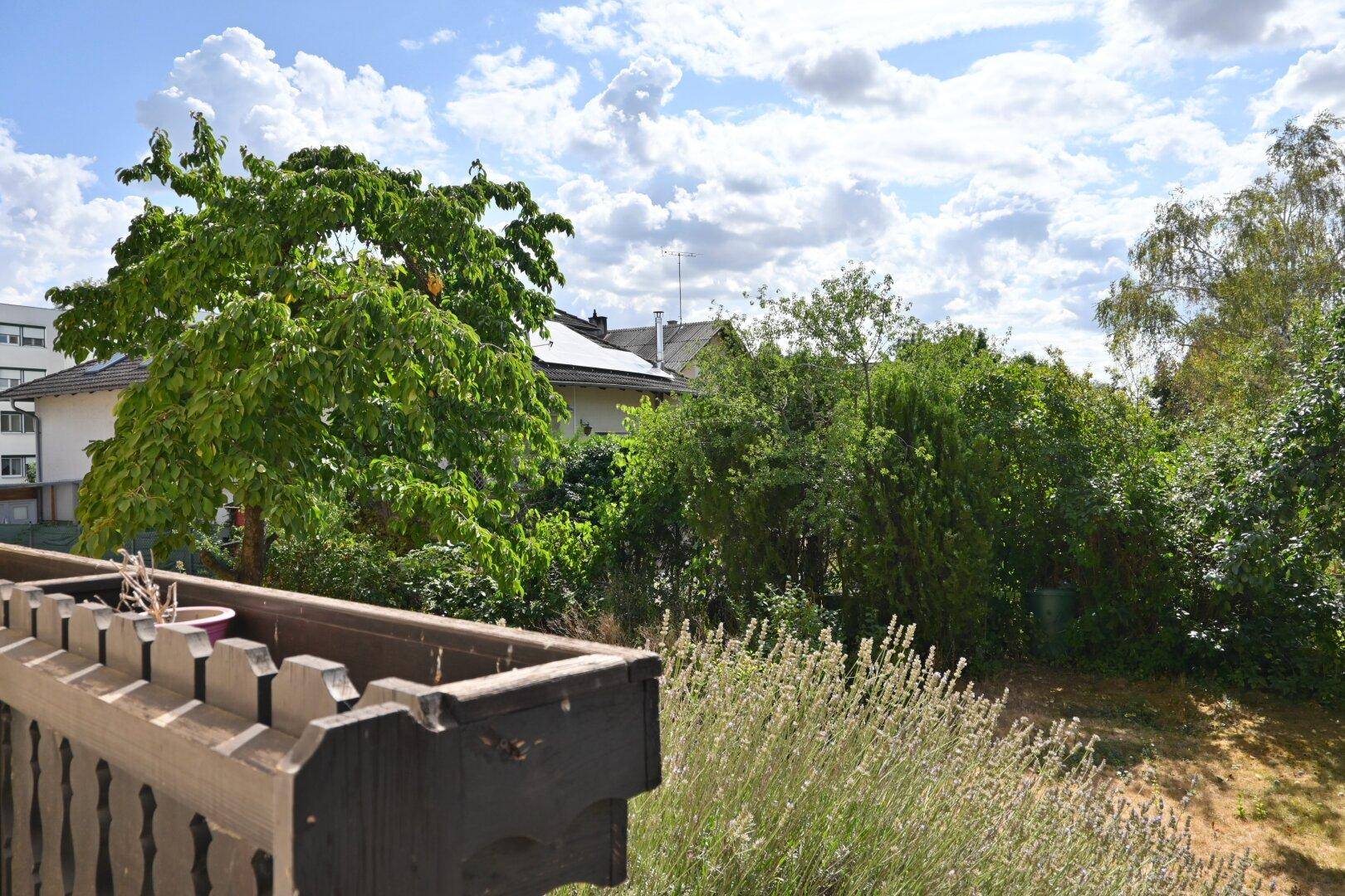 Blick vom Balkon auf den grünen Garten mit Bäumen und umliegenden Häusern unter blauem Himmel.