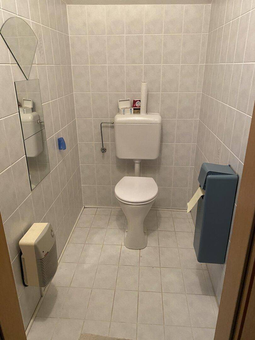 Separates WC mit Toilette und hellen Fliesen an Wänden und Boden.