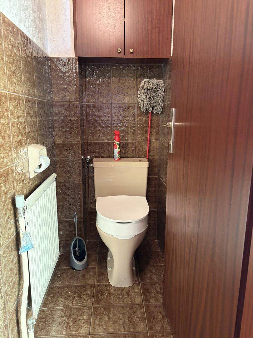 Separate Toilette mit braunen Fliesen und Wandheizkörper.