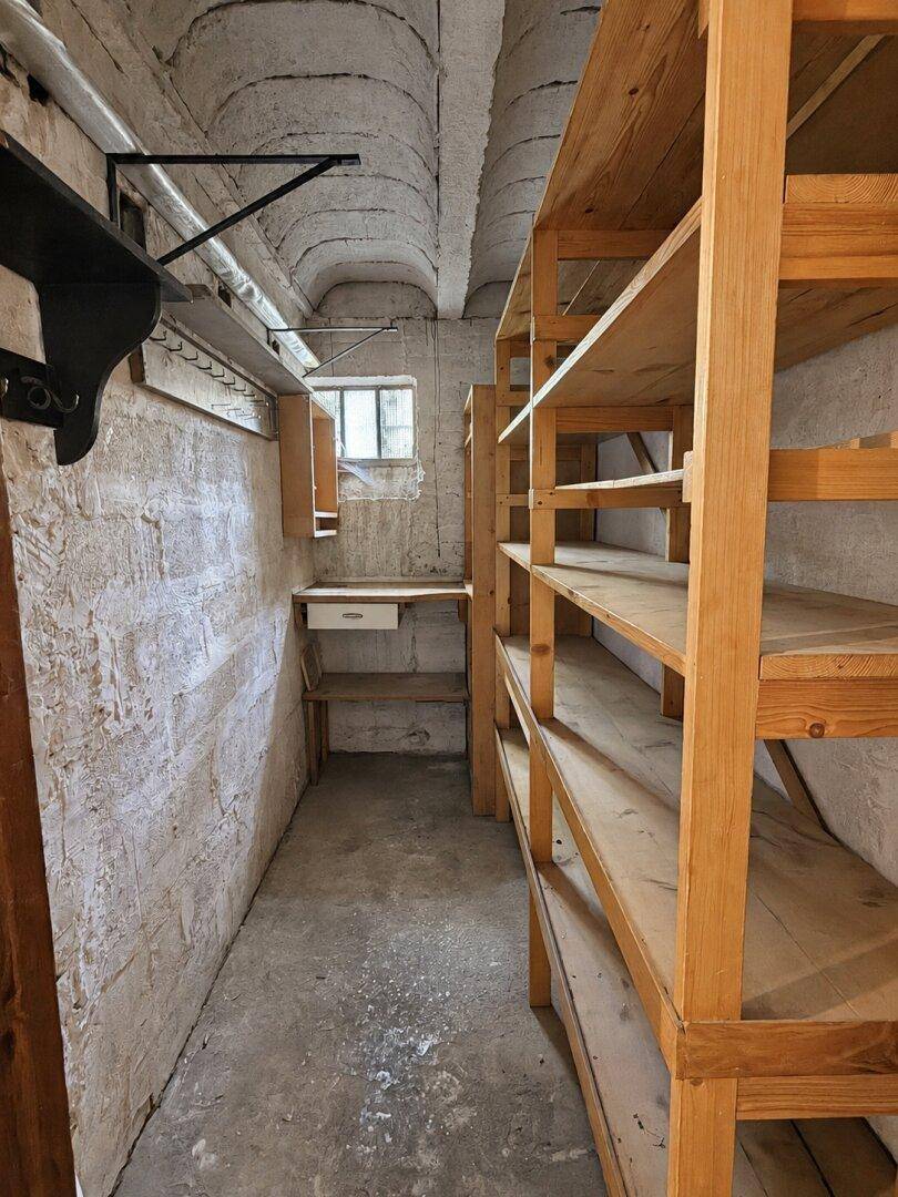 Geräumiger Kellerraum mit Betonboden und Holzregalen für zusätzlichen Stauraum.