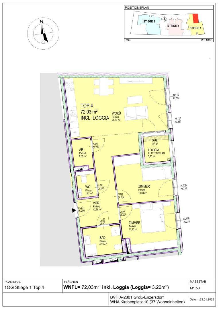 Grundriss der Wohnung TOP 4 mit 72,03 m² Wohnfläche, inklusive Loggia und zwei Schlafzimmern.