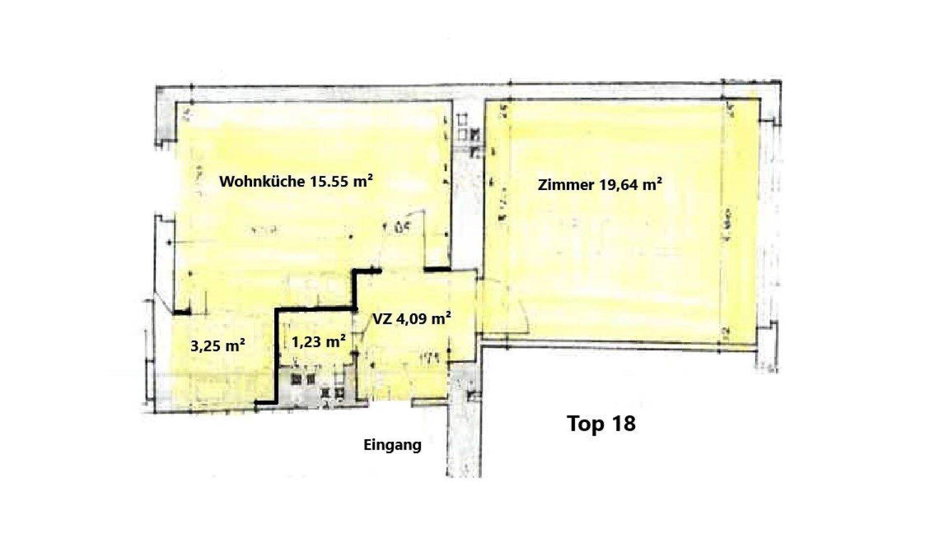 Grundriss der Wohnung Top 18 mit Wohnküche und Zimmer, inklusive Flächenangaben für eine klare Raumaufteilung.