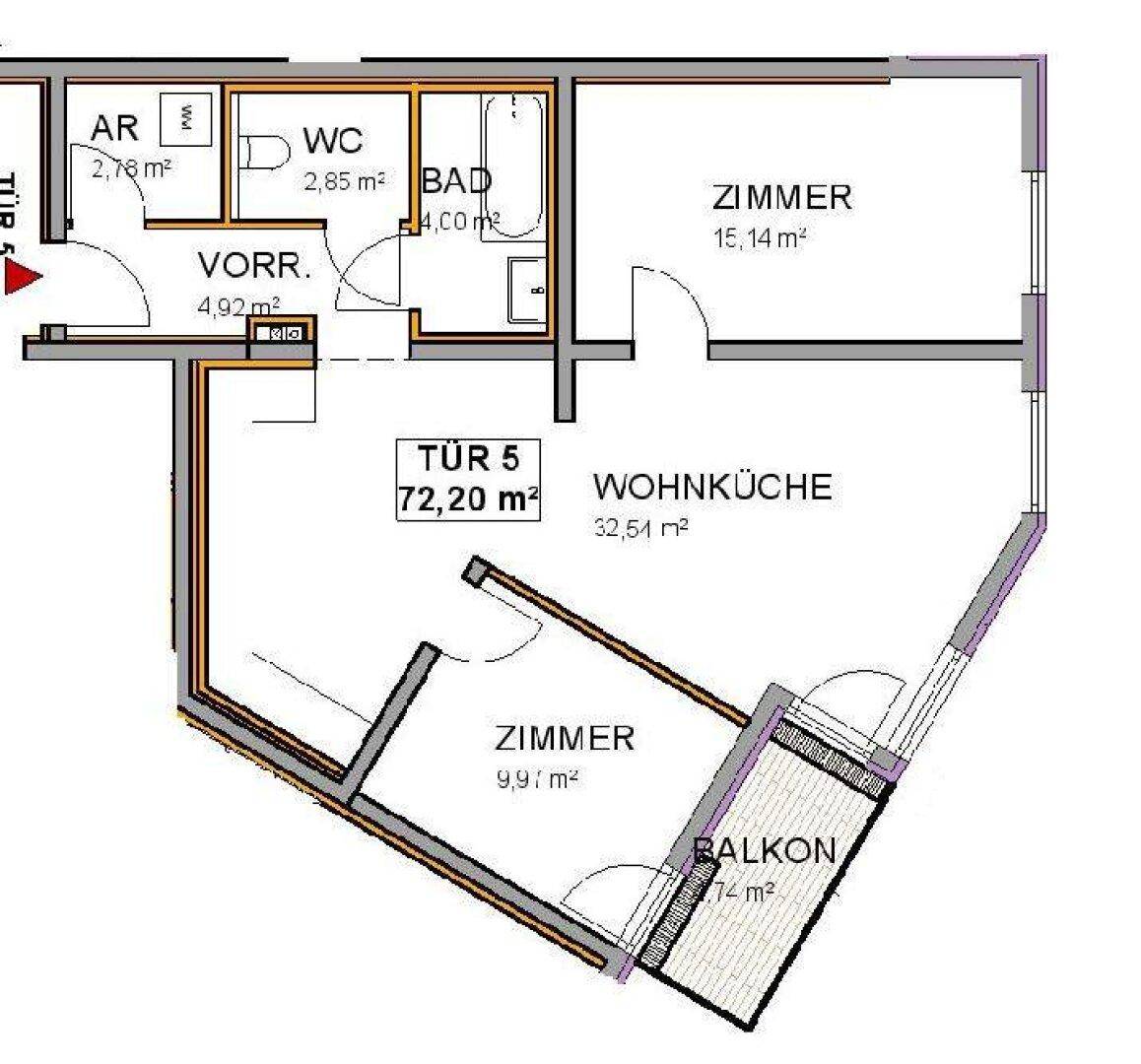 Grundriss einer Wohnung mit Wohnküche, zwei Zimmern, Bad, WC und Balkon.