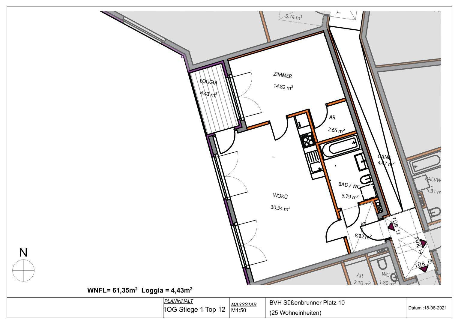 Grundriss einer Wohnung mit Loggia, offenem Wohnbereich und separatem Bad/WC.