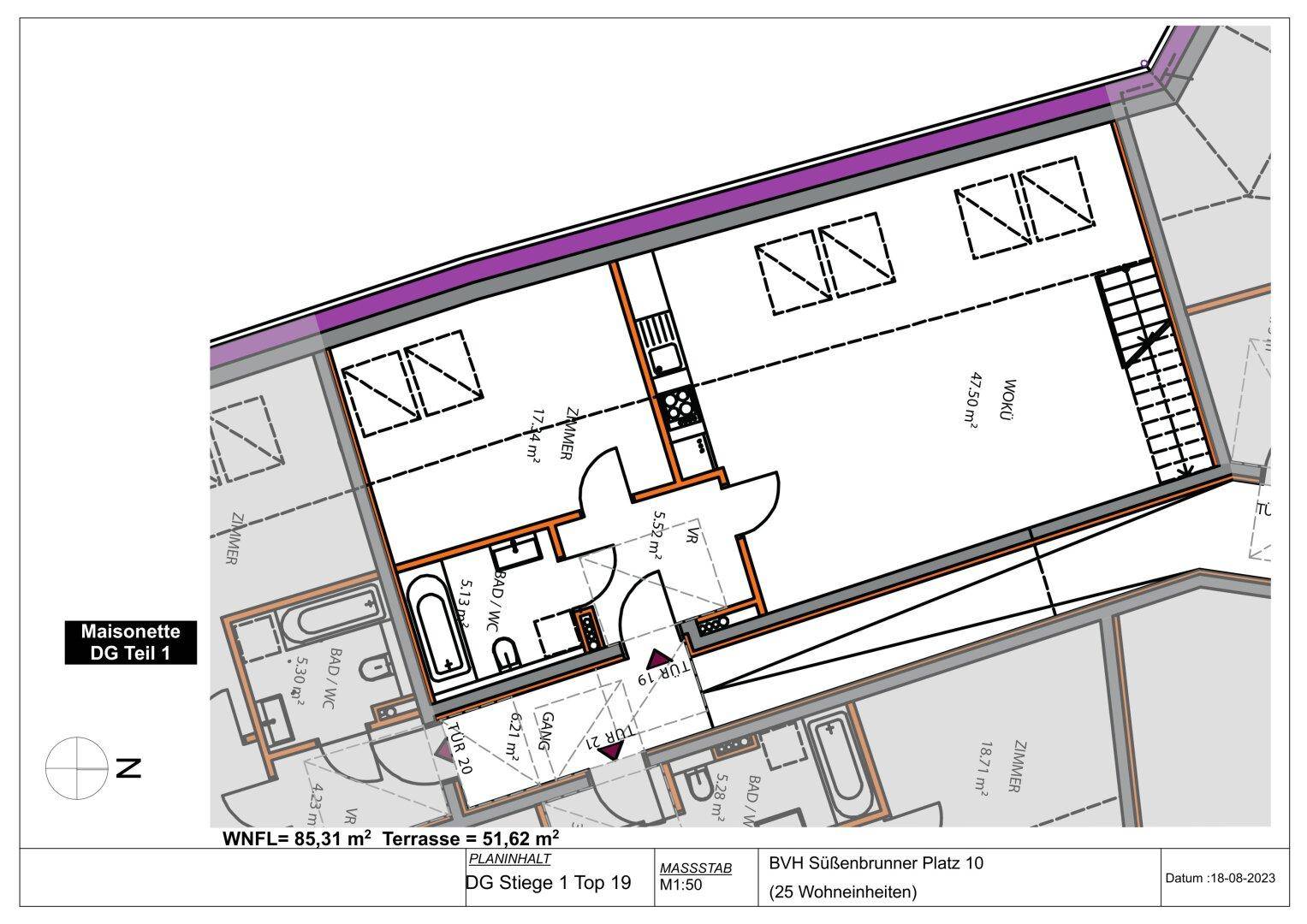 Grundriss der Maisonette-Wohnung im Dachgeschoss mit mehreren Zimmern und Bädern.