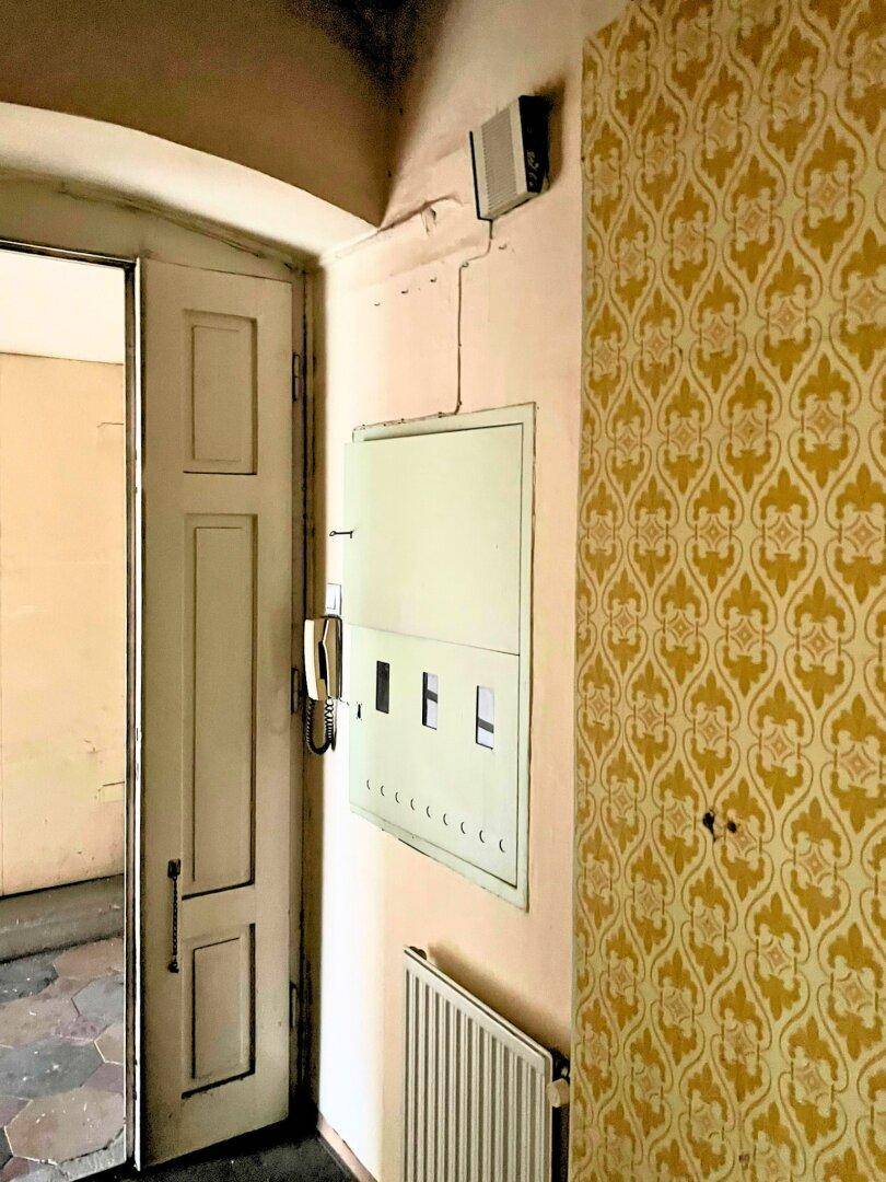 Eingangsbereich mit gemusterter Tapete, alter Tür und einem Sicherungskasten an der Wand.