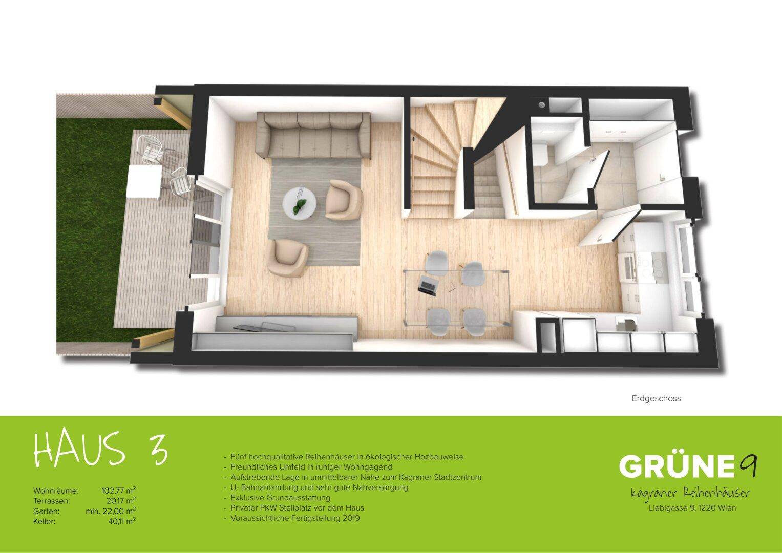 Visualisierter Grundriss des Erdgeschosses mit Wohnküche, Terrasse und Garten.