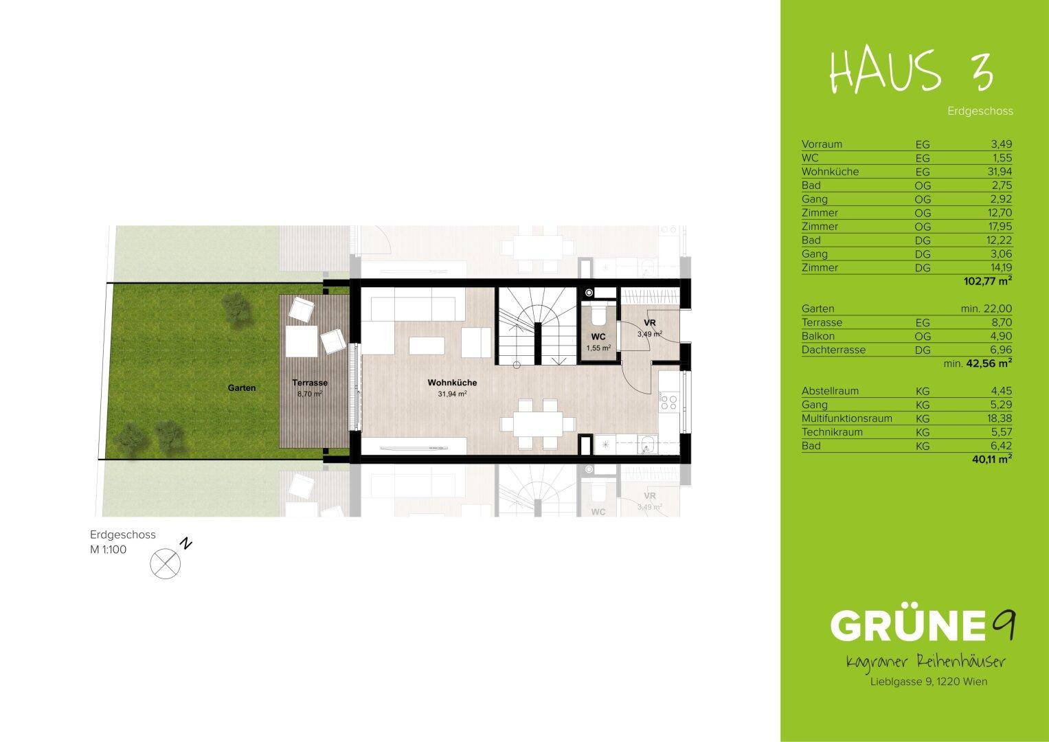 Schematischer Grundriss des Erdgeschosses mit Wohnküche, WC und Garten.