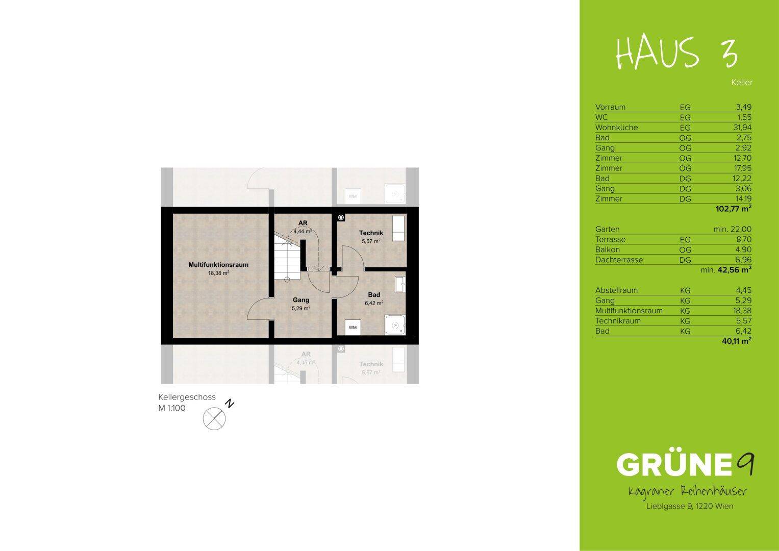 Schematischer Grundriss des Kellergeschosses mit Abstellraum und Technikraum.