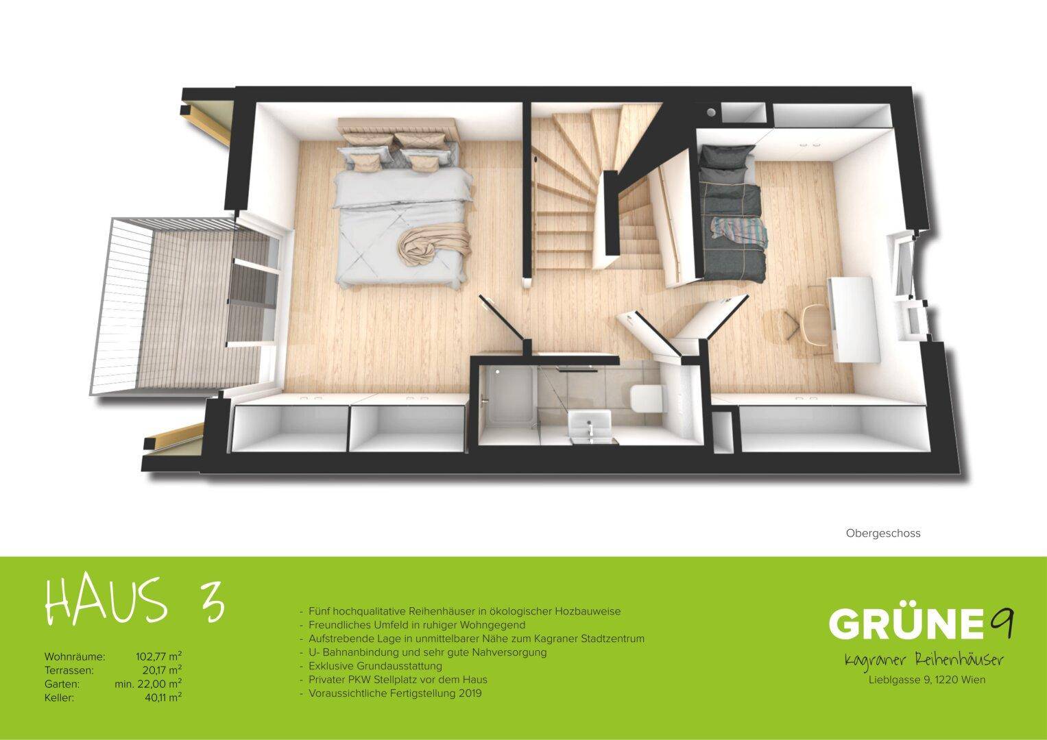 Visualisierter Grundriss des Obergeschosses mit Schlafzimmern und Balkon.