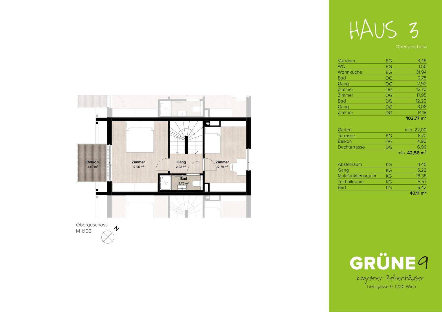 Schematischer Grundriss des Obergeschosses mit zwei Zimmern und Bad.