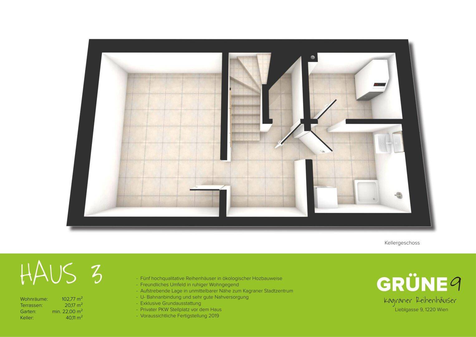 Visualisierter Grundriss des Kellergeschosses mit Multifunktionsraum und Technikraum.