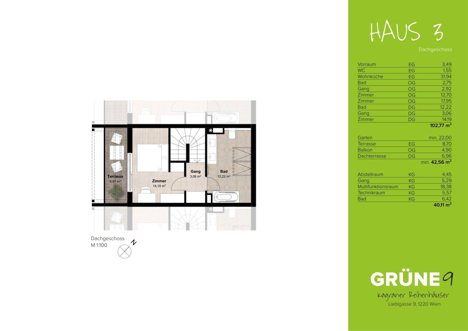 Schematischer Grundriss des Dachgeschosses mit Zimmer, Bad und Dachterrasse.