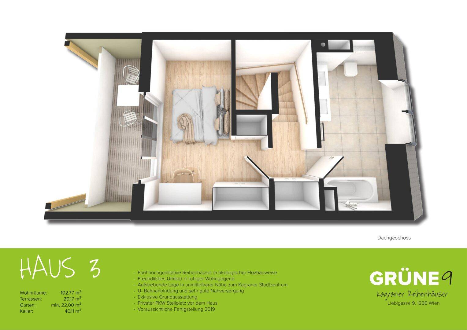 Visualisierter Grundriss des Dachgeschosses mit Schlafzimmer, Bad und Dachterrasse.