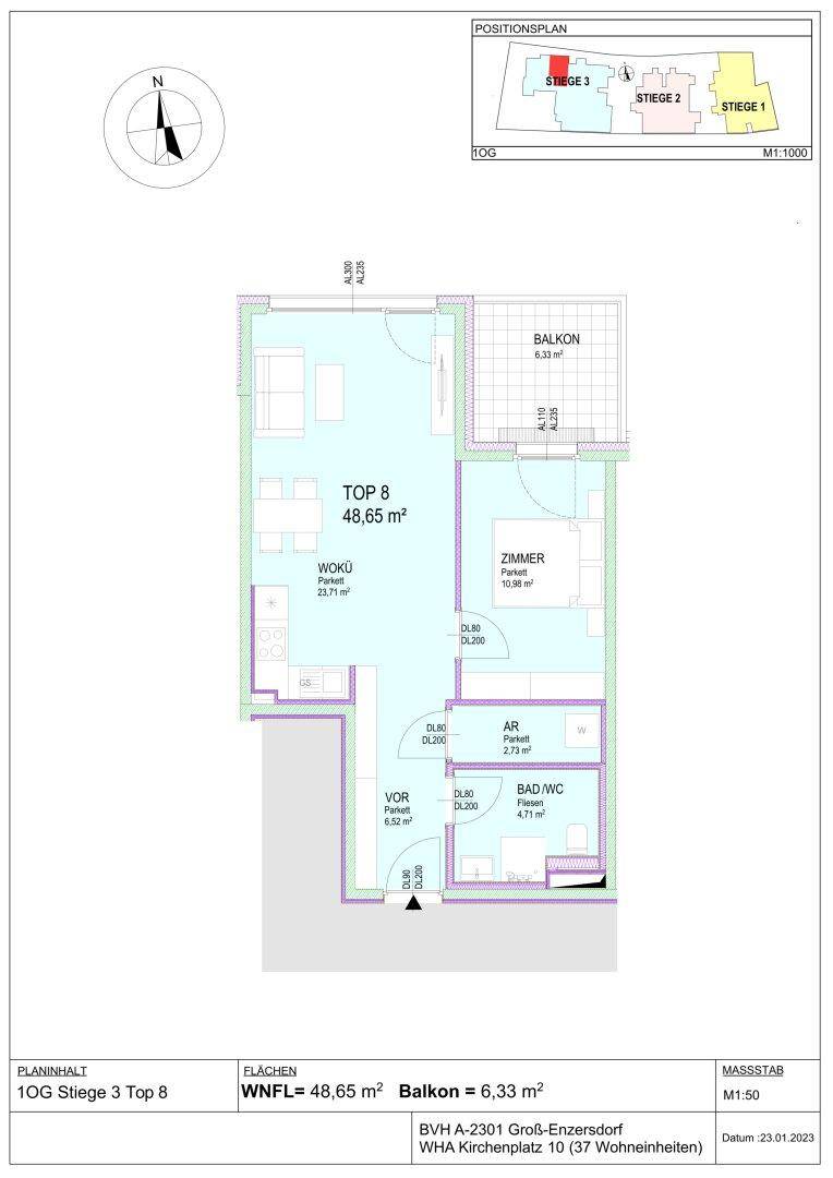 Grundriss der Wohnung Top 8 mit einem Zimmer und Balkon.