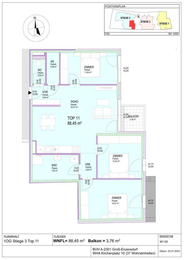 Grundriss der Wohnung Top 11 mit drei Zimmern und Balkon.