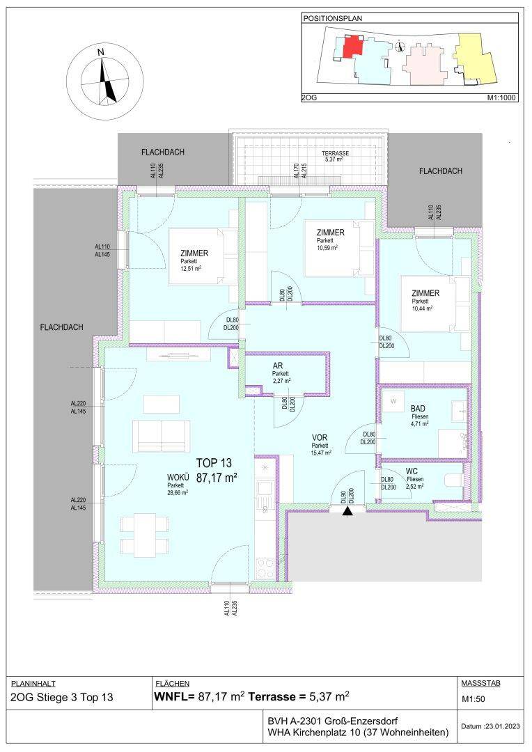 Grundriss der Wohnung Top 13 mit drei Zimmern und Terrasse.