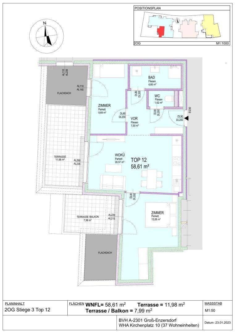 Grundriss der Wohnung Top 12 mit zwei Zimmern, Terrasse und Balkon.