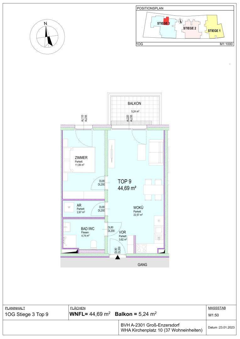 Grundriss der Wohnung Top 9 mit einem Zimmer und Balkon.