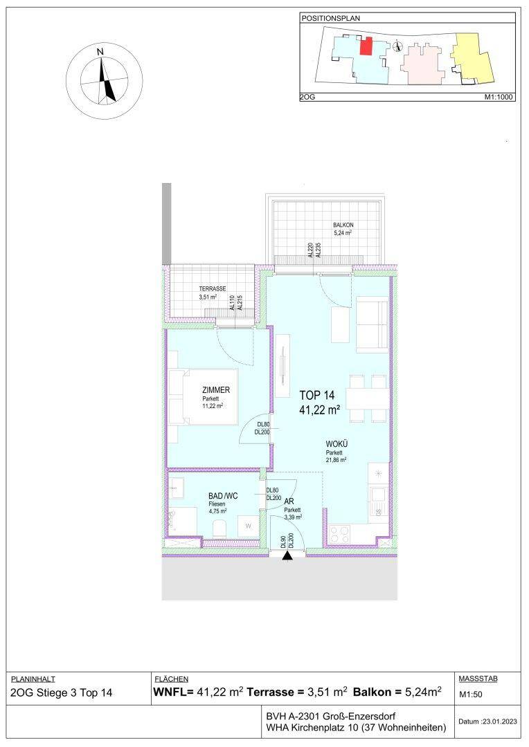 Grundriss der Wohnung Top 14 mit einem Zimmer, Terrasse und Balkon.