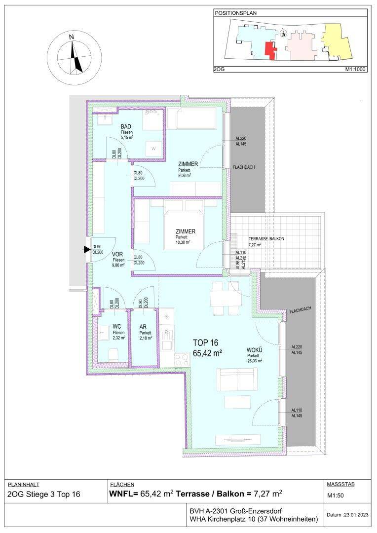 Grundriss einer Wohnung mit offenem Wohn- und Küchenbereich, zwei Schlafzimmern, Bad, separatem WC und einem Balkon/Terrasse.