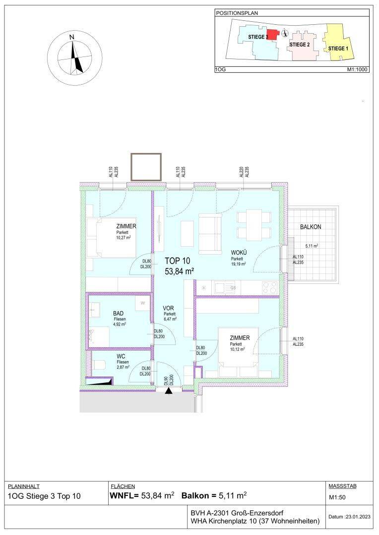Grundriss der Wohnung Top 10 mit zwei Zimmern und Balkon.