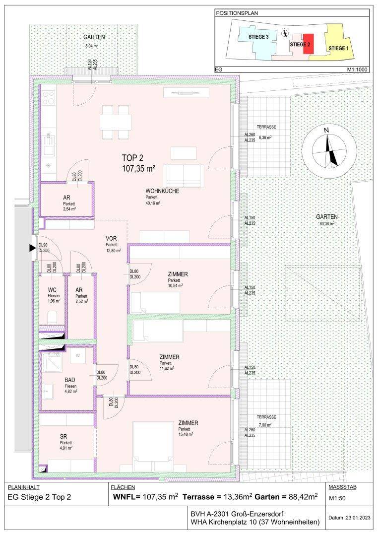 Grundriss für Wohnung Top 2 im Erdgeschoss mit Terrasse und Garten.