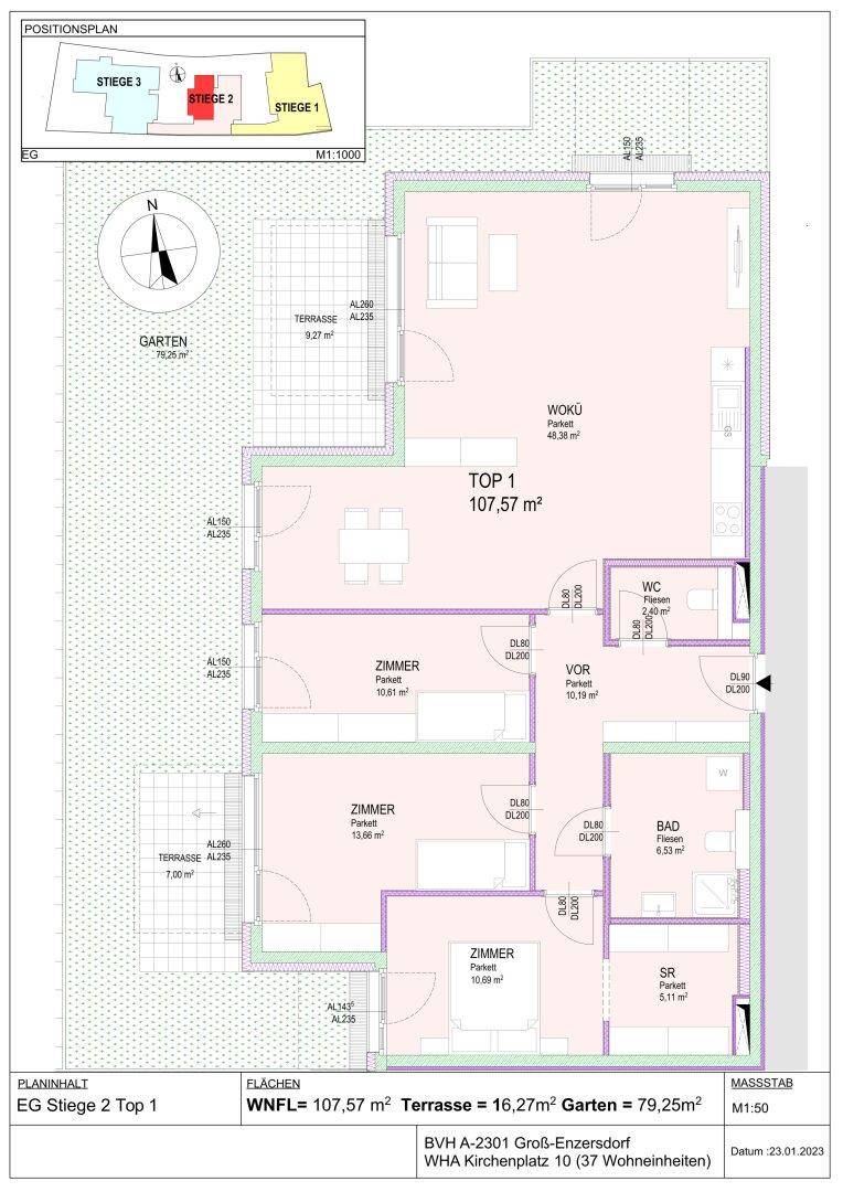 Grundriss für Wohnung Top 1 im Erdgeschoss mit Terrasse und Garten.