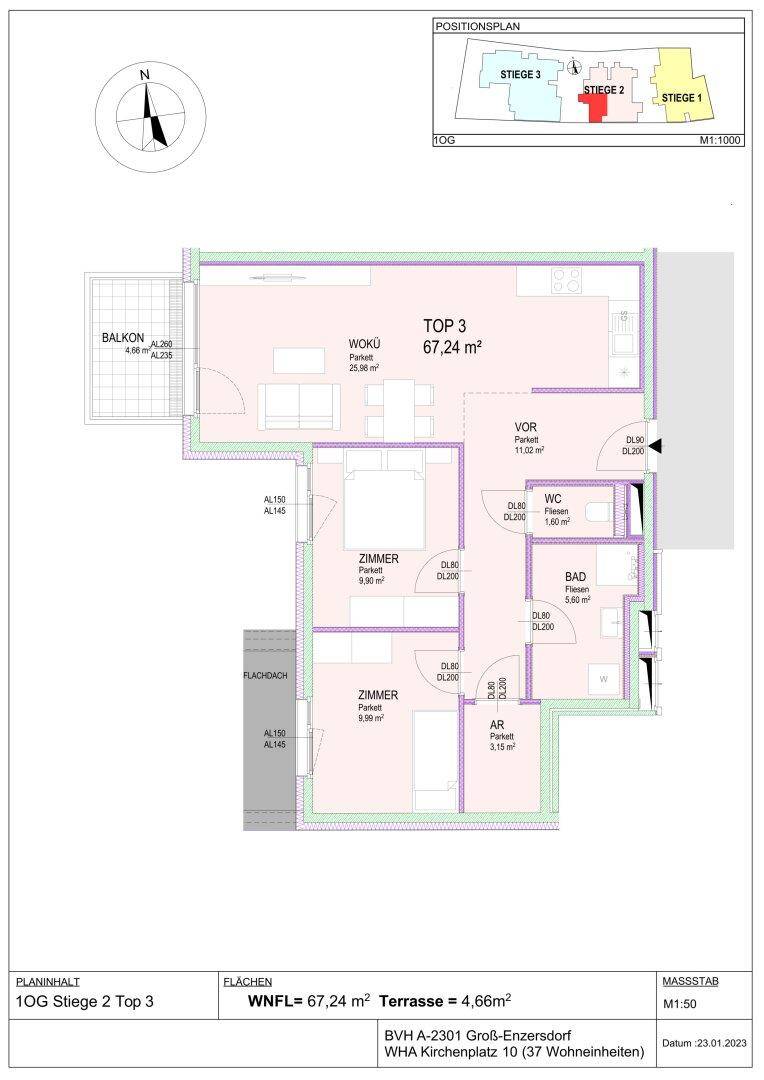 Grundriss für Wohnung Top 3 im ersten Obergeschoss mit Balkon und offenem Wohnbereich.
