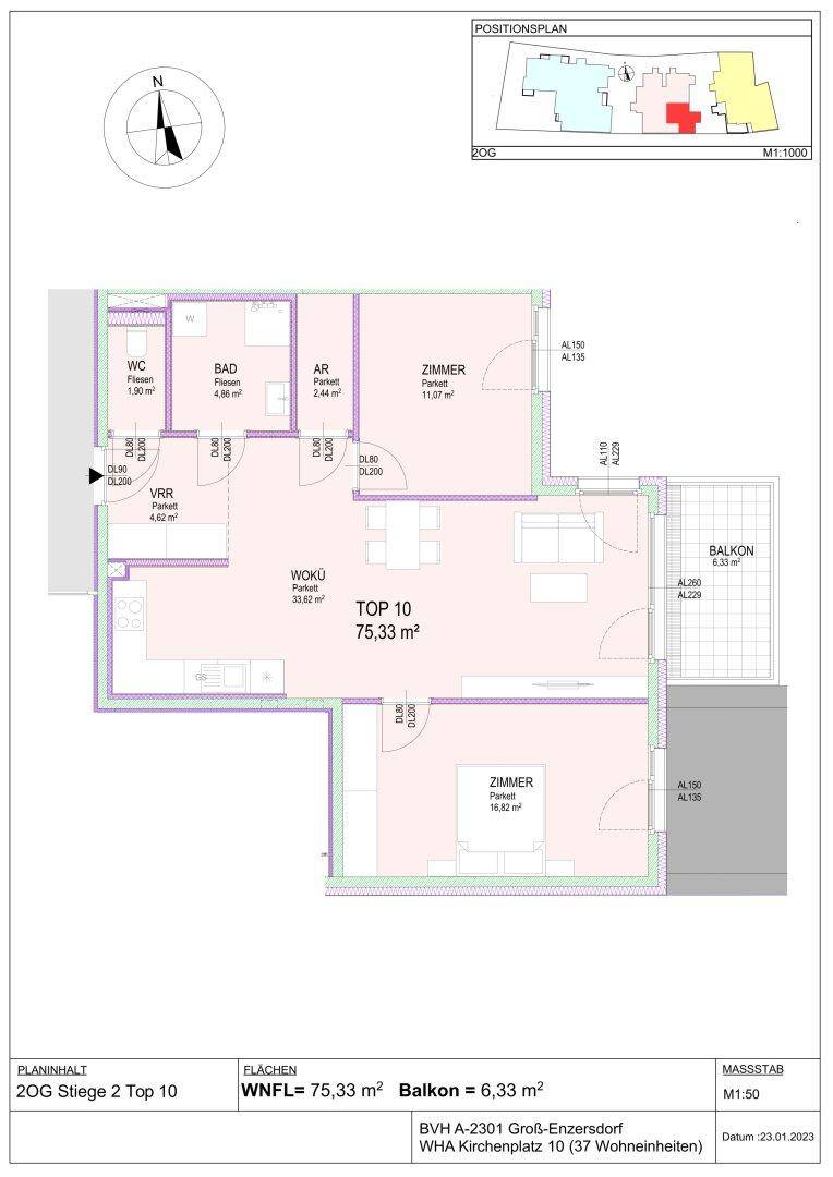 Grundriss für Wohnung Top 10 im zweiten Obergeschoss mit Balkon und offenem Wohnbereich.
