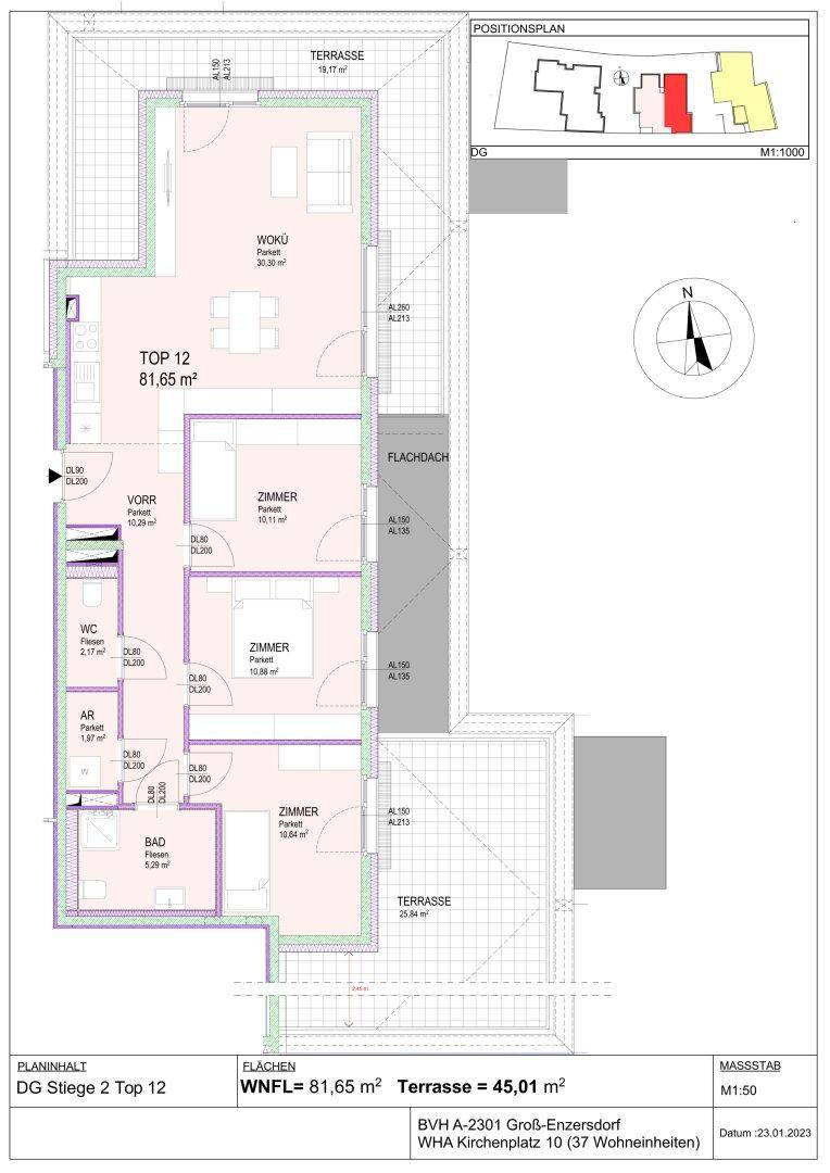 Grundriss für Wohnung Top 12 im Dachgeschoss mit Terrasse und offenem Wohnbereich.