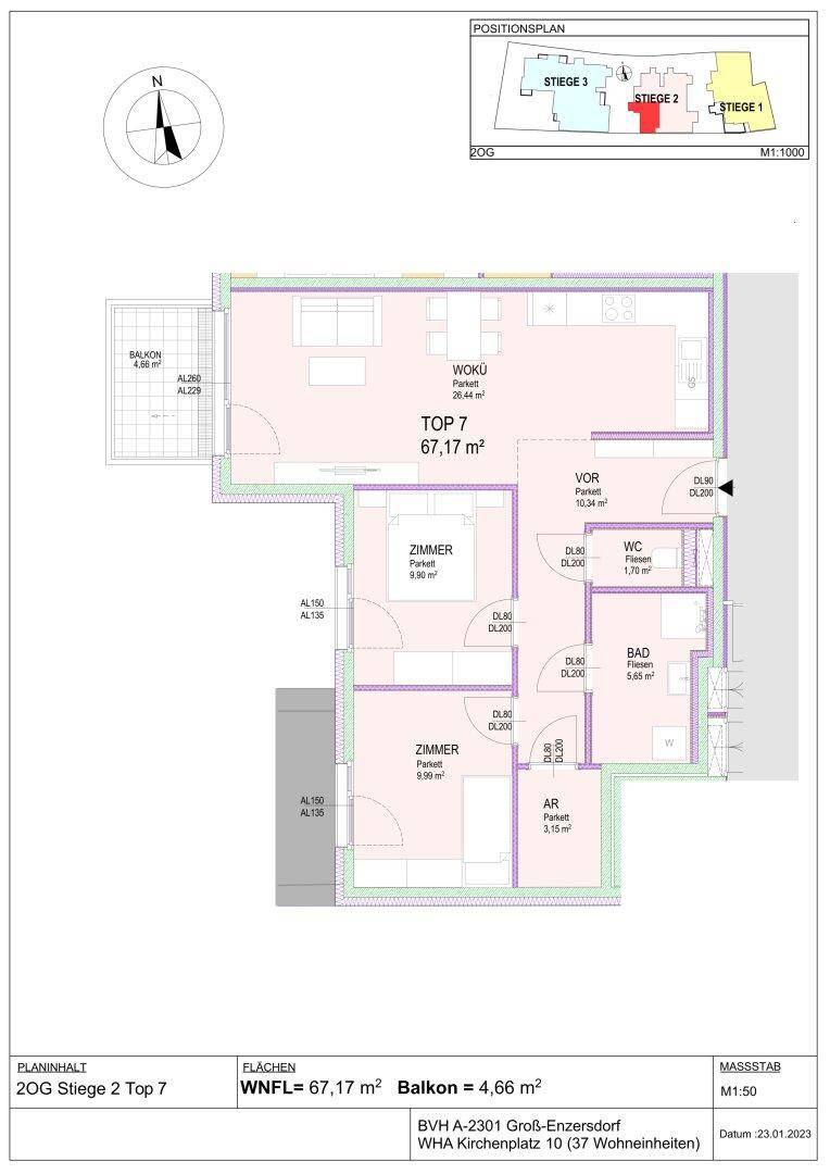 Grundriss für Wohnung Top 7 im zweiten Obergeschoss mit Balkon und offenem Wohnbereich.