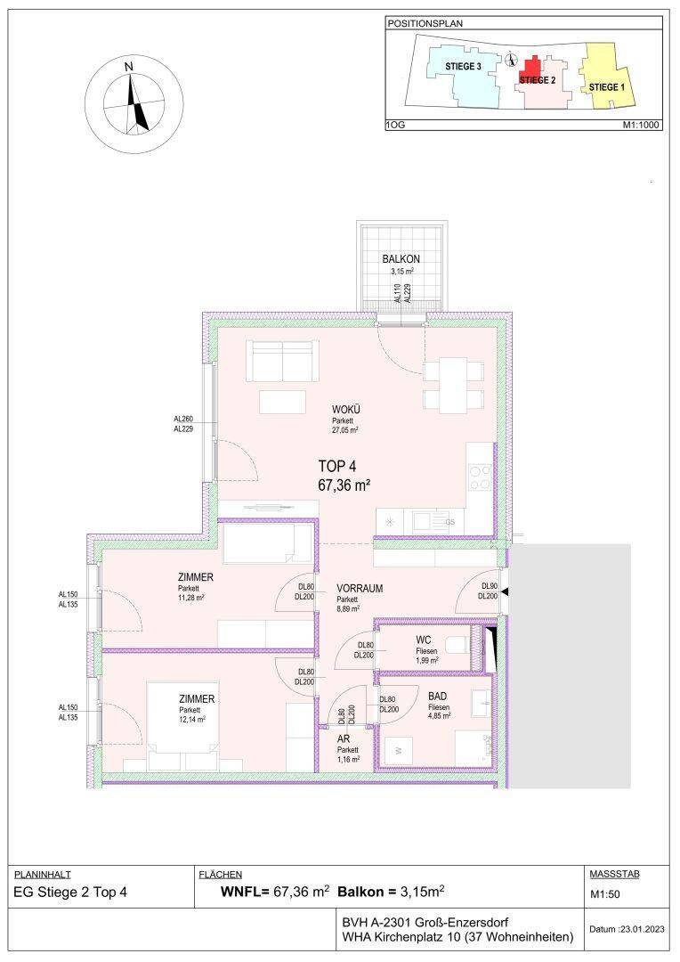 Grundriss für Wohnung Top 4 im Erdgeschoss mit Balkon und offenem Wohnbereich.